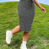 EZwear Plus Striped Print Drawstring Waist Split Hem Skirt