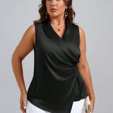 Clasi Blusa de cuello esmoquin fruncido lateral cruzado bajo asimetrico de saten