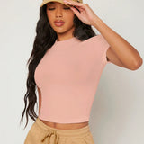 BASICS Camiseta crop unicolor de cuello redondo