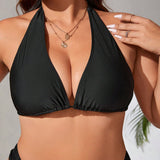 Swim Curve Top bikini unicolor de cuello halter de espalda abierta