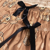 Conjunto de pijama pantalones con shorts con top de tirantes ribete en forma de lechuga con estampado de oso