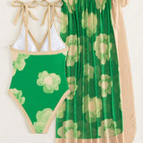 Swim Oasis Banador una pieza con estampado floral de hombros con cordon con falda de playa