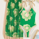 Swim Oasis Banador una pieza con estampado floral de hombros con cordon con falda de playa