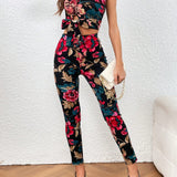 Prive Top crop con estampado floral de un hombro bajo con nudo con pantalones