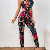 Prive Top crop con estampado floral de un hombro bajo con nudo con pantalones