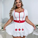 Talla grande 3 piezas Set disfraz de enfermera bajo con fruncido