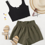 WYWH Conjunto top tank bajo V con shorts de cintura fruncido