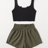 WYWH Conjunto top tank bajo V con shorts de cintura fruncido