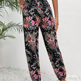 Frenchy Pantalones con estampado tropical de cintura con cordon