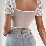 Frenchy Blusa con bordado floral de manga farol crop con encaje