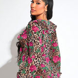 SXY Blusas de Mujer Volante Particion Floral Estampado de Leopardo Bohemio