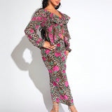 SXY Blusas de Mujer Volante Particion Floral Estampado de Leopardo Bohemio