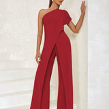 One Shoulder Wrap Hem Jumpsuit