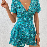 VCAY Allover Print Butterfly Sleeve Romper