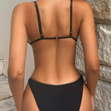 Swim SXY Conjunto de bikini Sujetador triangular push-up de punto de cable con cadena y parte inferior de bikini recortada Traje de bano de 2 piezas