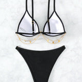 Swim SXY Conjunto de bikini Sujetador triangular push-up de punto de cable con cadena y parte inferior de bikini recortada Traje de bano de 2 piezas