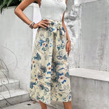 Frenchy con encaje Top de tirantes & con estampado tropical con cinturon Pantalones de pierna ancha