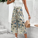 Frenchy con encaje Top de tirantes & con estampado tropical con cinturon Pantalones de pierna ancha