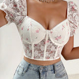 Frenchy Blusa con bordado floral de manga farol crop con encaje