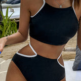 Estilo deportivo de moda simple, Tankini de dos piezas con recorte y detalles contrastantes para mujeres