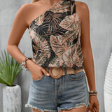 Blusa con estampado tropical de un hombro