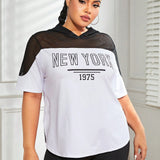 Daily&Casual Talla grande Camiseta deportiva con estampado de letra de malla en contraste con capucha