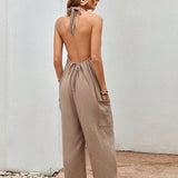 X Tarsha Whitmore  VCAY Solid Halter Neck Backless Jumpsuit
