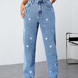 EZwear Jeans con estampado de corazon con bolsillo oblicuo