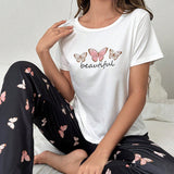 Conjunto de pijama con estampado de mariposa y slogan