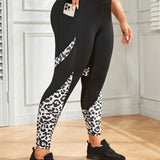Yoga Trendy Talla grande Leggings deportivos con estampado de leopardo de cintura ancha con bolsillo para telefono