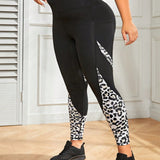 Yoga Trendy Talla grande Leggings deportivos con estampado de leopardo de cintura ancha con bolsillo para telefono