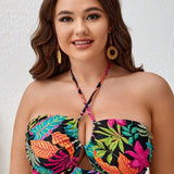 Swim Vcay Talla grande Top bikini halter con estampado tropical con tira cruzada