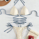Conjunto de bikini con textura, anillo en forma de corazon enlazado entrecruzado Push Up Halter Bra & Tie Side Bottom traje de bano de 2 piezas