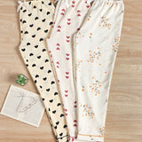 3 piezas Pantalones de dormir con corazon & con estampado floral ribete en contraste con lazo delantero