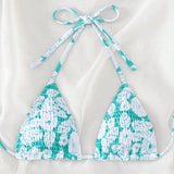 Swim Vcay Top bikini triangulo con estampado floral Smocked halter