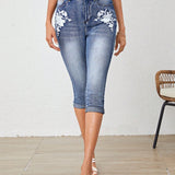 LUNE Jeans con bordado floral delgado capri