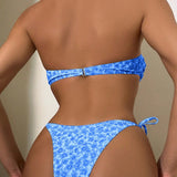 Swim Conjunto de bikini con estampado floral para playa de verano con corpino de banda y ajustable con lazos en los costados