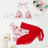 Banador bikini triangulo halter con estampado floral con falda de playa