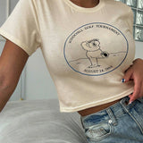 DAZY Camiseta crop con estampado de slogan y dibujos animados