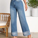 LUNE Jeans con bordado floral de pierna ancha
