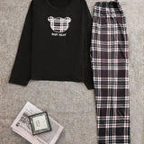 Conjunto de pijama pantalones con camiseta de cuadros & con estampado de letra