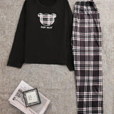 Conjunto de pijama pantalones con camiConjuntoa de cuadros & con estampado de letra