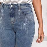 LUNE Jeans con diseno de diamante de imitacion delgado crop
