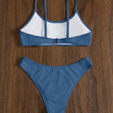 Swim Conjunto de bikini de tejido de punto acanalado liso para playa de verano