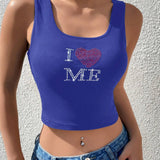 Top tank crop con corazon & con slogan con diamante de imitacion patron