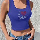 Top tank crop con corazon & con slogan con diamante de imitacion patron