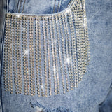 BAE Jeans de ajuste mom desgarro con diamante de imitacion ribete con fleco