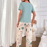 Conjunto de pijama con estampado de hoja con nudo delantero