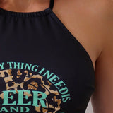 Swim Lushore Tankini halter de lado ajustable con cordones con diseno grafico de leopardo y letras para playa de verano, traje de bano vacacional