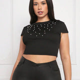 SXY Talla grande Camiseta crop con cuenta de perla